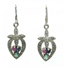 Earrings Silver Sterling Dangle Drop Marcasite Ruby Emerald Sapphire Stone B568